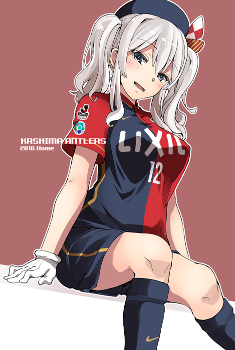 1girl beret breasts fujii_jun gloves hat j._league kantai_collection kashima_(kantai_collection) kashima_antlers large_breasts silver_hair sitting soccer soccer_jersey soccer_uniform solo sportswear twintails white_gloves