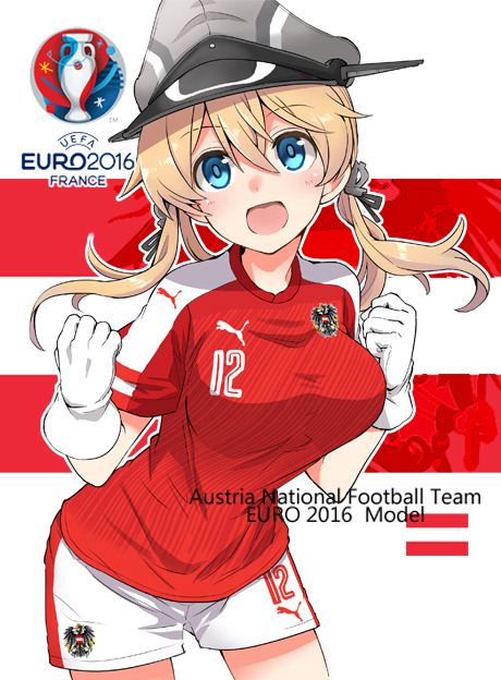 1girl alternate_costume anchor_hair_ornament blonde_hair blue_eyes breasts euro_2016 football_uniform fujii_jun gloves hair_between_eyes hair_ornament hat kantai_collection large_breasts long_hair looking_at_viewer open_mouth peaked_cap prinz_eugen_(kantai_collection) soccer soccer_uniform solo sportswear white_gloves