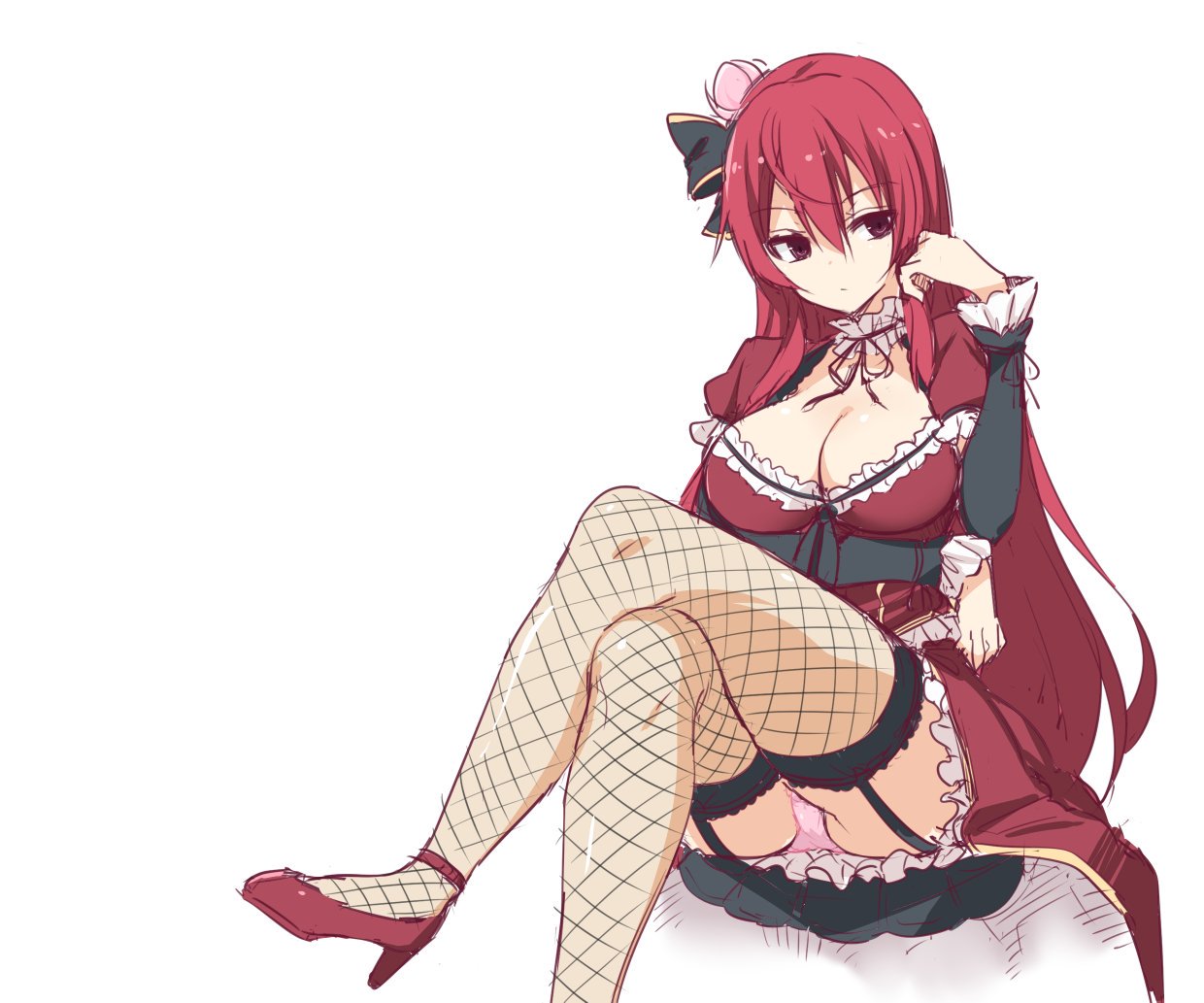 1girl black_bow bow breasts cattleya_(flower_knight_girl) choker cleavage expressionless fishnet_legwear fishnets flower flower_knight_girl frills hair_bow hair_flower hair_ornament lace lace-trimmed_thighhighs large_breasts legs legs_crossed long_hair morino_harifu panties pantyshot pink_panties red_eyes red_shoes red_skirt redhead shoes sitting skirt solo thigh-highs thighs underwear white_background