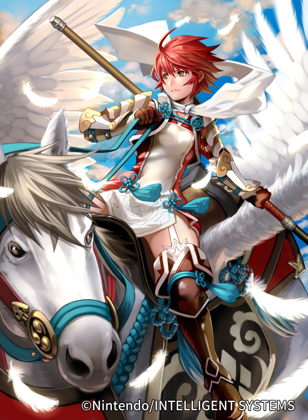 1girl blue_sky boots bracer brown_boots brown_eyes brown_gloves clouds fire_emblem fire_emblem_cipher fire_emblem_if garter_straps gloves hinoka_(fire_emblem_if) holding holding_weapon i-la knee_boots official_art outdoors pegasus polearm redhead reins riding saddle short_hair sky tassel thigh-highs thigh_boots watermark weapon white_feathers wings zettai_ryouiki