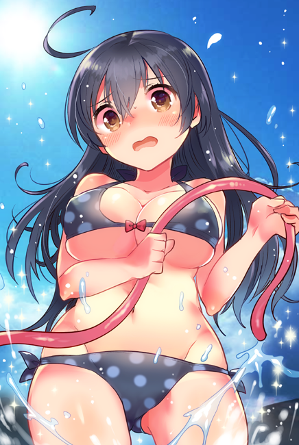 1girl adapted_costume ahoge ass bare_shoulders bikini black_hair blush breasts brown_eyes gluteal_fold hoe hose ichihaya kantai_collection large_breasts long_hair looking_at_viewer navel open_mouth polka_dot polka_dot_bikini polka_dot_swimsuit side-tie_bikini solo sparkle stomach swimsuit thigh_gap thighs ushio_(kantai_collection) water worktool