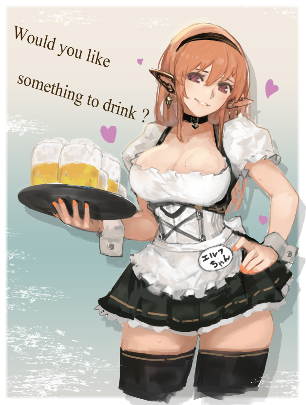 1girl alcohol beer beer_mug black_legwear breasts choker cleavage dirndl ear_covers earrings elf english german_clothes grin hand_on_hip heart jewelry large_breasts long_hair looking_at_viewer miniskirt nail_polish name_tag oktoberfest orange_hair orange_nails original parted_lips pointy_ears puffy_short_sleeves puffy_sleeves short_sleeves skirt smile solo standing thigh-highs tray underbust violet_eyes wrist_cuffs yaoya_musuko zettai_ryouiki