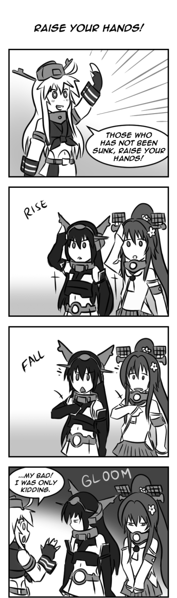 3girls 4koma :d admiral_paru comic commentary detached_sleeves elbow_gloves english gloom_(expression) gloves hand_up headgear highres iowa_(kantai_collection) kantai_collection long_hair monochrome multiple_girls nagato_(kantai_collection) navel open_mouth pleated_skirt ponytail skirt smile v_arms yamato_(kantai_collection) younger