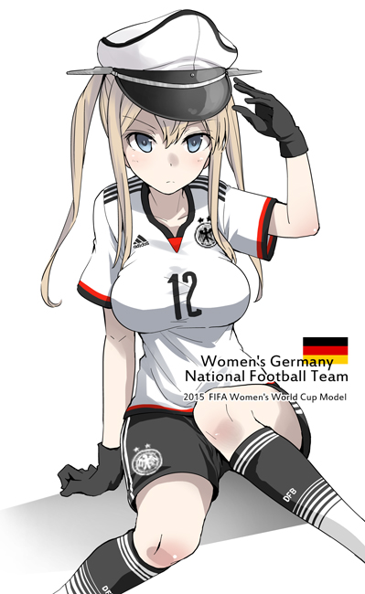 1girl alternate_costume black_gloves blonde_hair blue_eyes breasts football_uniform fujii_jun german_flag germany gloves graf_zeppelin_(kantai_collection) hat kantai_collection large_breasts long_hair looking_at_viewer peaked_cap simple_background soccer soccer_uniform solo sportswear twintails white_background world_cup