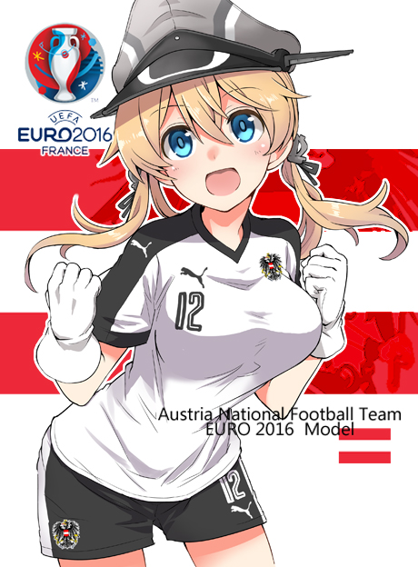 1girl alternate_costume anchor_hair_ornament blonde_hair blue_eyes breasts euro_2016 football_uniform fujii_jun gloves hair_between_eyes hair_ornament hat kantai_collection large_breasts long_hair looking_at_viewer open_mouth peaked_cap prinz_eugen_(kantai_collection) soccer soccer_uniform solo sportswear white_gloves