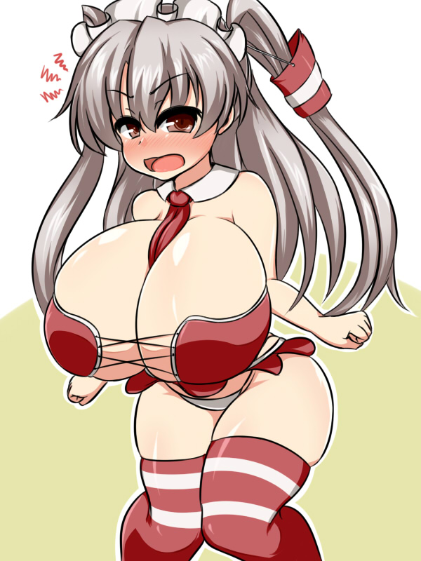 1girl amatsukaze_(kantai_collection) bare_shoulders between_breasts blush bra breasts brown_eyes cleavage female hair_ornament huge_breasts kantai_collection long_hair long_twintails looking_at_viewer maid_headdress miniskirt moyashi_udon necktie open_mouth panties plump red_legwear silver_hair simple_background skirt skirt_flip solo standing striped_thighhighs thick_thighs thigh-highs tied_hair twintails underwear white_panties