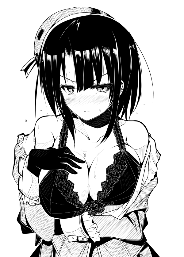 1girl ai_takurou bangs bare_shoulders beret blush bow bow_bra bra breast_hold breasts cleavage closed_mouth collarbone eyebrows eyebrows_visible_through_hair gloves greyscale hair_between_eyes hand_on_own_chest hat kantai_collection large_breasts long_sleeves looking_at_viewer monochrome nose_blush shirt_pull short_hair simple_background sketch solo takao_(kantai_collection) underwear uniform upper_body white_background