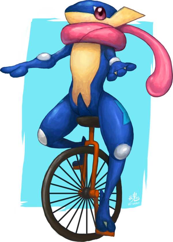 frog full_body greninja long_tongue meme no_humans parody pokemon pokemon_(creature) riding ry-spirit solo tongue unicycle webbed_feet webbed_hands