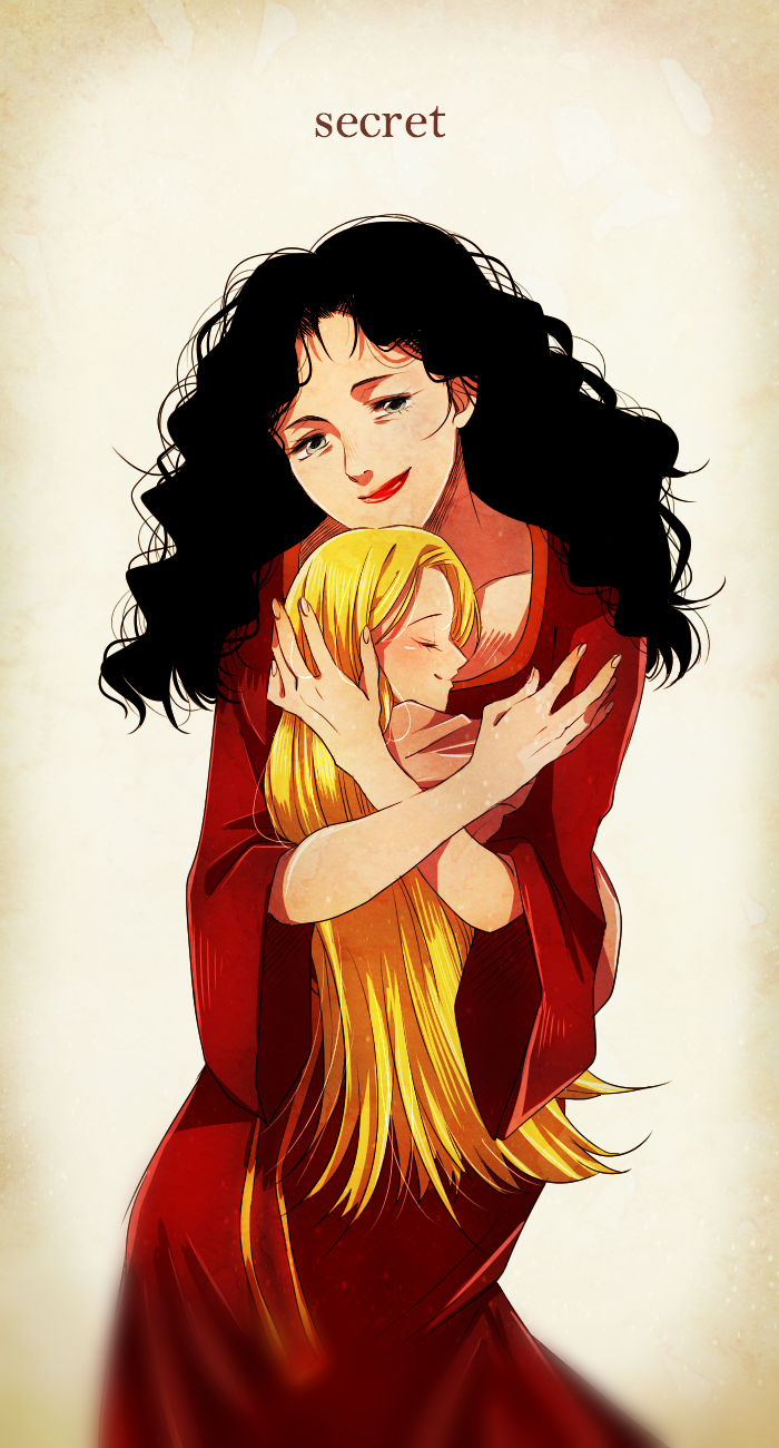 2girls black_hair blonde_hair blush closed_eyes curly_hair disney grey_eyes highres hug libera lipstick long_hair makeup mother_gothel multiple_girls rapunzel_(disney) red_lipstick smile tangled younger