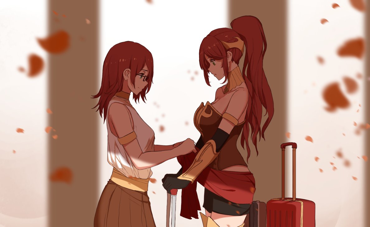 2girls armlet bare_shoulders blue_eyes breasts brown_skirt character_request cleavage commentary detached_collar dishwasher1910 elbow_gloves english_commentary falling_petals glasses gloves hair_ornament high_ponytail holding large_breasts long_hair multiple_girls pleated_skirt ponytail pyrrha_nikos redhead rwby sash shirt sideboob skirt sleeveless sleeveless_shirt smile strapless suitcase thigh-highs white_shirt