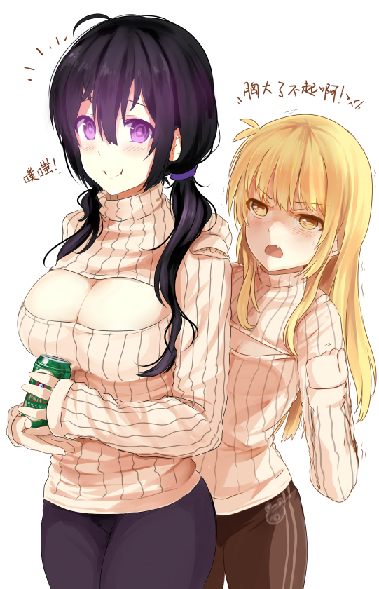 &gt;:o 2girls :o ahoge beifeng_han black_hair blonde_hair blush breast_envy breasts c: cleavage_cutout clenched_hands cyou_shigen glowing glowing_eyes hair_between_eyes hand_on_another's_shoulder height_difference large_breasts long_hair looking_at_another looking_at_viewer low_twintails miyaura_sanshio multiple_girls open-chest_sweater open_mouth original oversized_clothes ribbed_sweater sleeves_past_wrists small_breasts smile sweater translation_request turtleneck turtleneck_sweater twintails violet_eyes wavy_hair yellow_eyes