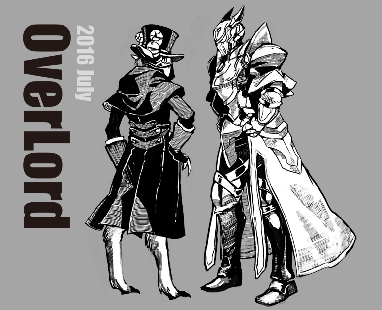 2boys armor artist_request coat demon english gauntlets gloves goat greaves hat helmet horns looking_at_another monochrome multiple_boys overlord_(maruyama) shoulder_armor simple_background touch_me ulbert_alain_odle