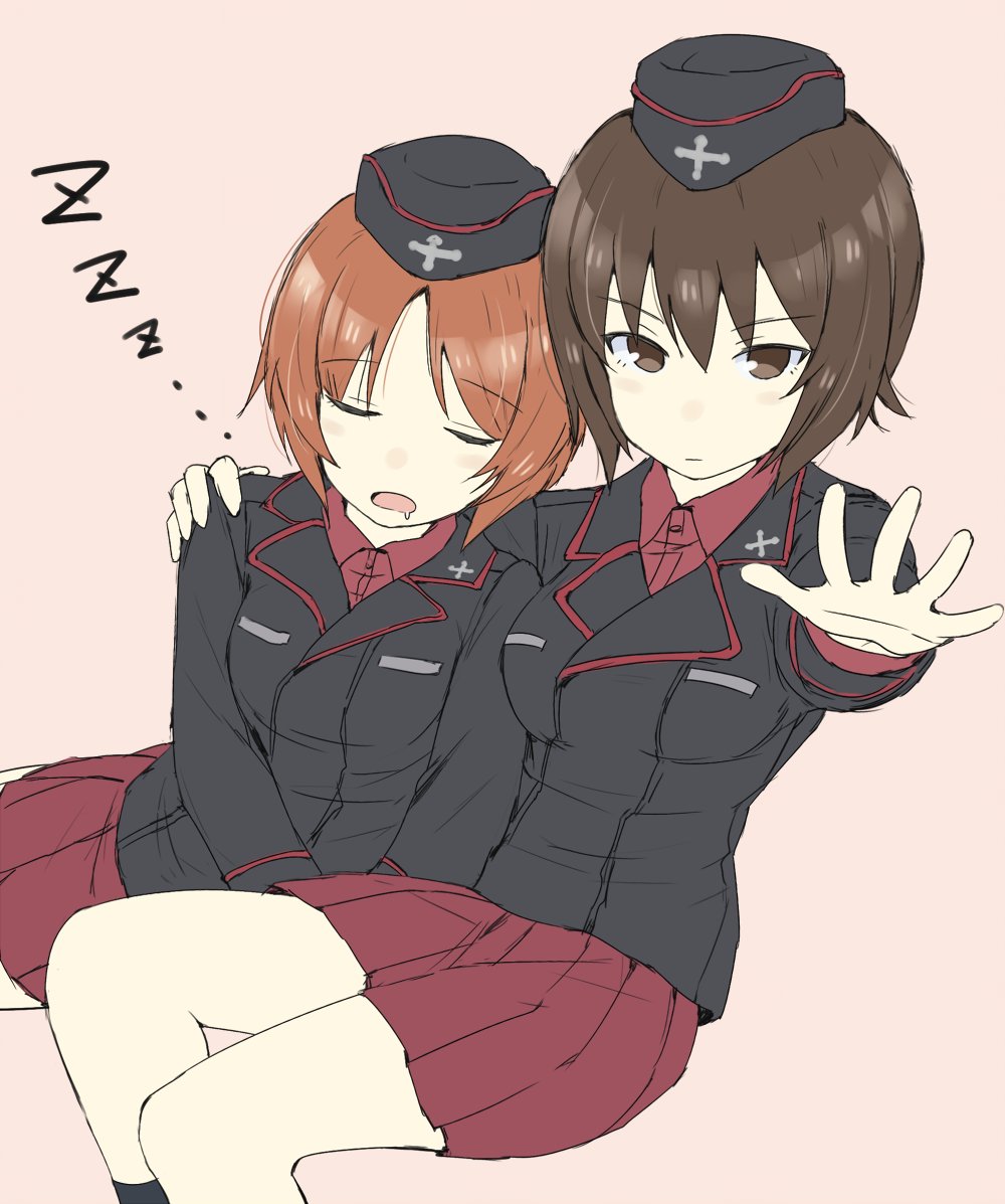 2girls alternate_costume arm_around_neck black_legwear brown_eyes brown_hair commentary_request drooling garrison_cap gedou_(ge_ge_gedou) girls_und_panzer hand_on_another's_shoulder hat jacket long_sleeves looking_at_viewer matching_outfit military military_uniform miniskirt multiple_girls nishizumi_maho nishizumi_miho pink_background pleated_skirt red_skirt saliva short_hair siblings side-by-side simple_background sisters skirt socks uniform zzz