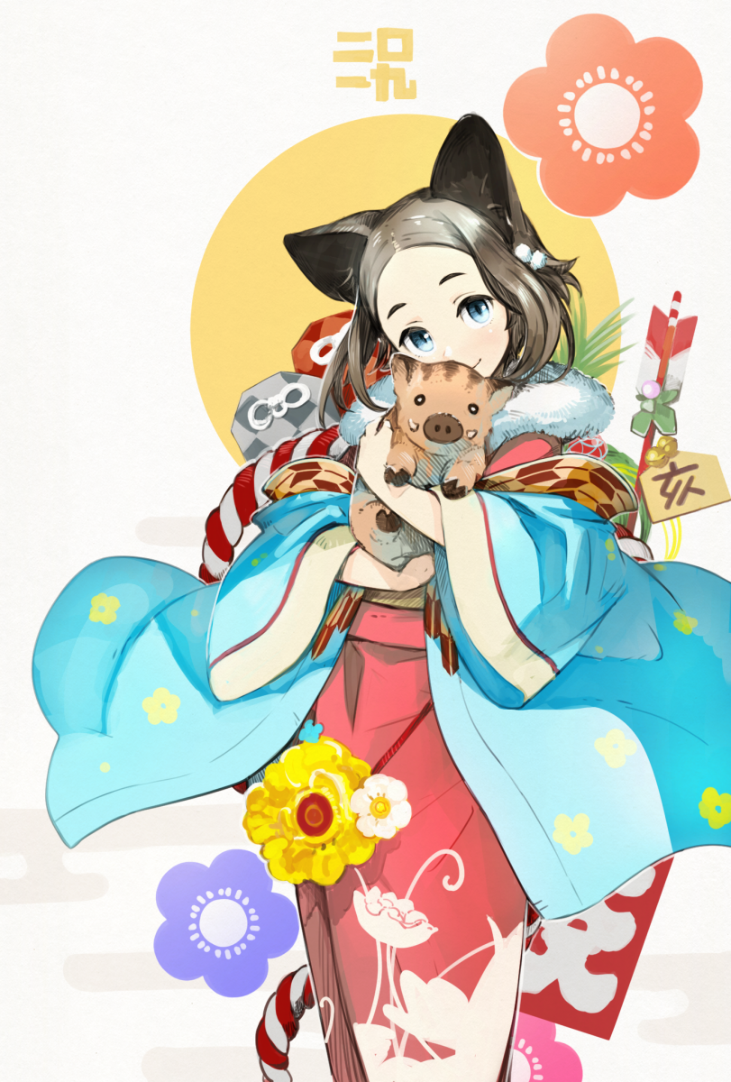 1girl animal animal_ear_fluff animal_ears animal_hug arrow bangs bell blue_eyes blush boar brown_hair chinese_zodiac closed_mouth commentary_request egasumi ema floral_print flower forehead fur_collar hair_ornament hamaya haori head_tilt highres japanese_clothes jingle_bell kimono long_sleeves nengajou new_year obi original parted_bangs pink_kimono pom_pom_(clothes) print_kimono sash smile solo wide_sleeves year_of_the_pig yellow_flower yunar