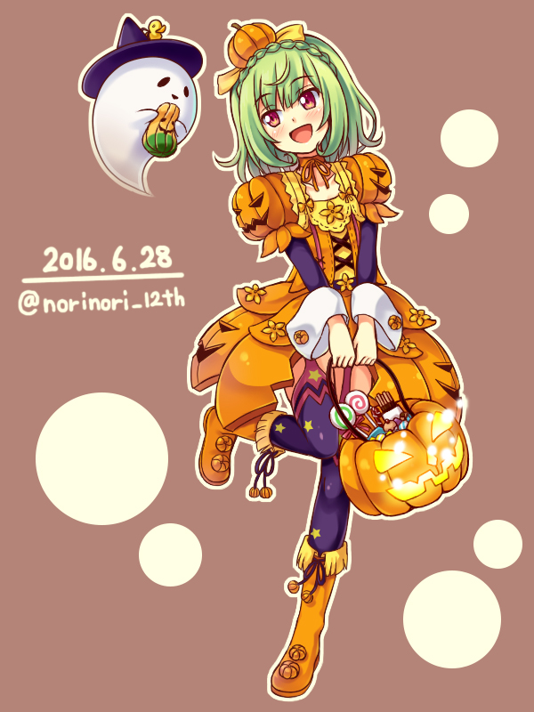 1girl 2016 :d basket black_hat black_legwear boots braid brown_background candy crown_braid dated flower_knight_girl food_themed_clothes food_themed_hair_ornament ghost green_hair hair_ornament hat knee_boots norinori_12th open_mouth orange_boots orange_skirt pepo_(flower_knight_girl) pumpkin_hair_ornament red_eyes short_hair signature skirt smile solo standing standing_on_one_leg thigh-highs twitter_username witch_hat