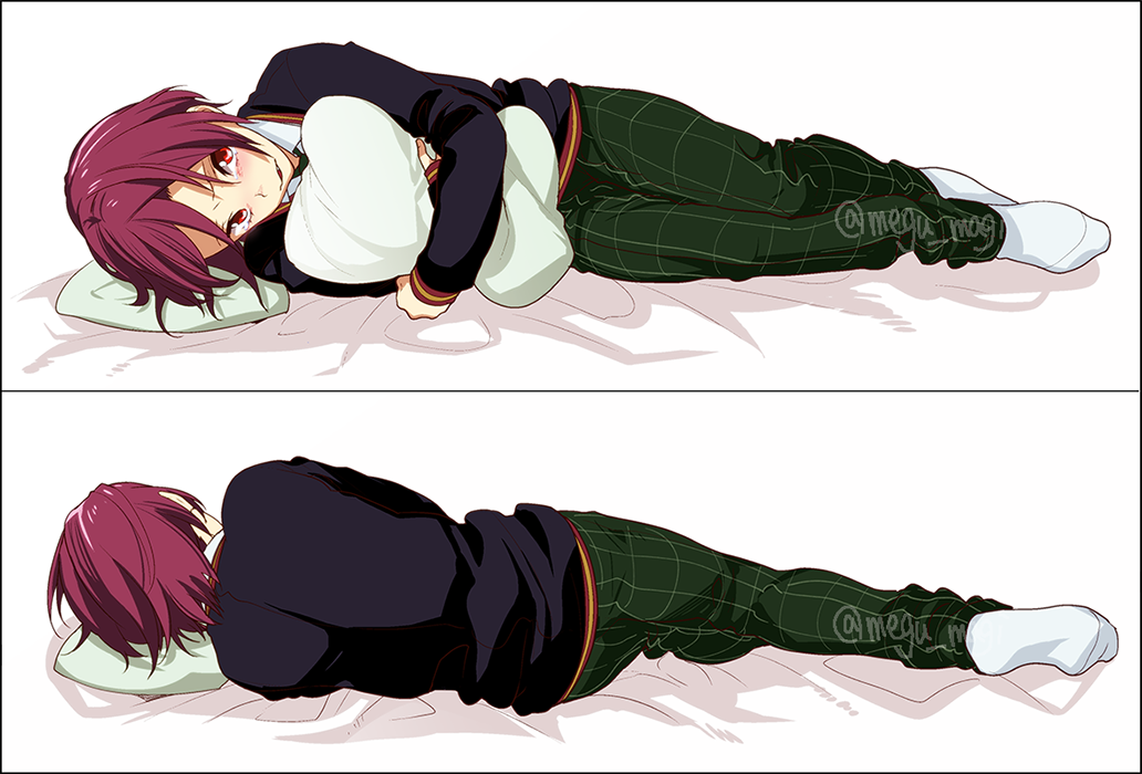 1boy black_border blush border child crying crying_with_eyes_open dakimakura free! looking_at_viewer male_focus matsuoka_rin megumi-square multiple_views object_hug pants parted_lips pillow pillow_hug plaid plaid_pants red_eyes redhead sharp_teeth tearing_up tears teeth twitter_username younger