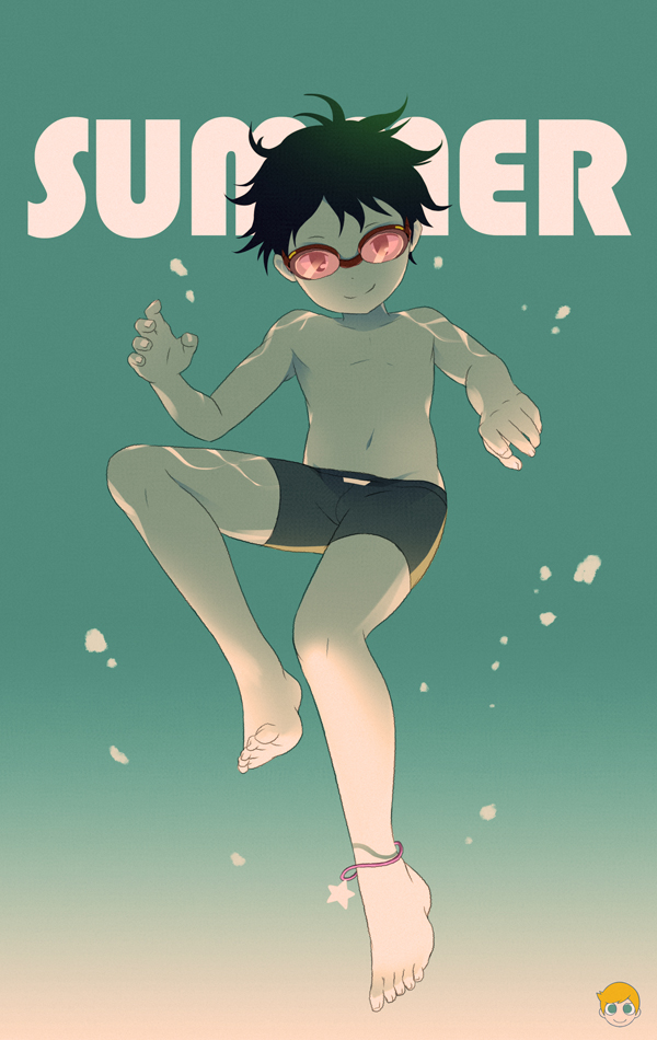 1boy anklet barefoot black_hair english freediving full_body jewelry looking_at_viewer male_focus noeyebrow_(mauve) original shirtless short_hair smile solo summer swimming underwater underwear