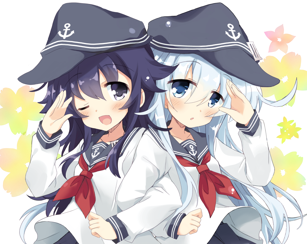 2girls ;d akatsuki_(kantai_collection) anchor_symbol blue_eyes chestnut_mouth commentary_request flat_cap hair_between_eyes hat hibiki_(kantai_collection) hizuki_yayoi kantai_collection long_hair multiple_girls neckerchief necktie one_eye_closed open_mouth purple_hair salute silver_hair smile upper_body violet_eyes