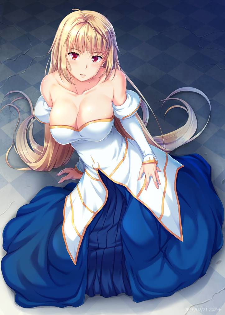 00s 1girl archetype_earth arcueid_brunestud blonde_hair blush breasts checkered checkered_floor cleavage collarbone detached_sleeves dress large_breasts lips long_hair looking_at_viewer miyai_max parted_lips puffy_sleeves red_eyes shiny shiny_hair sitting smile solo strapless strapless_dress tsukihime very_long_hair