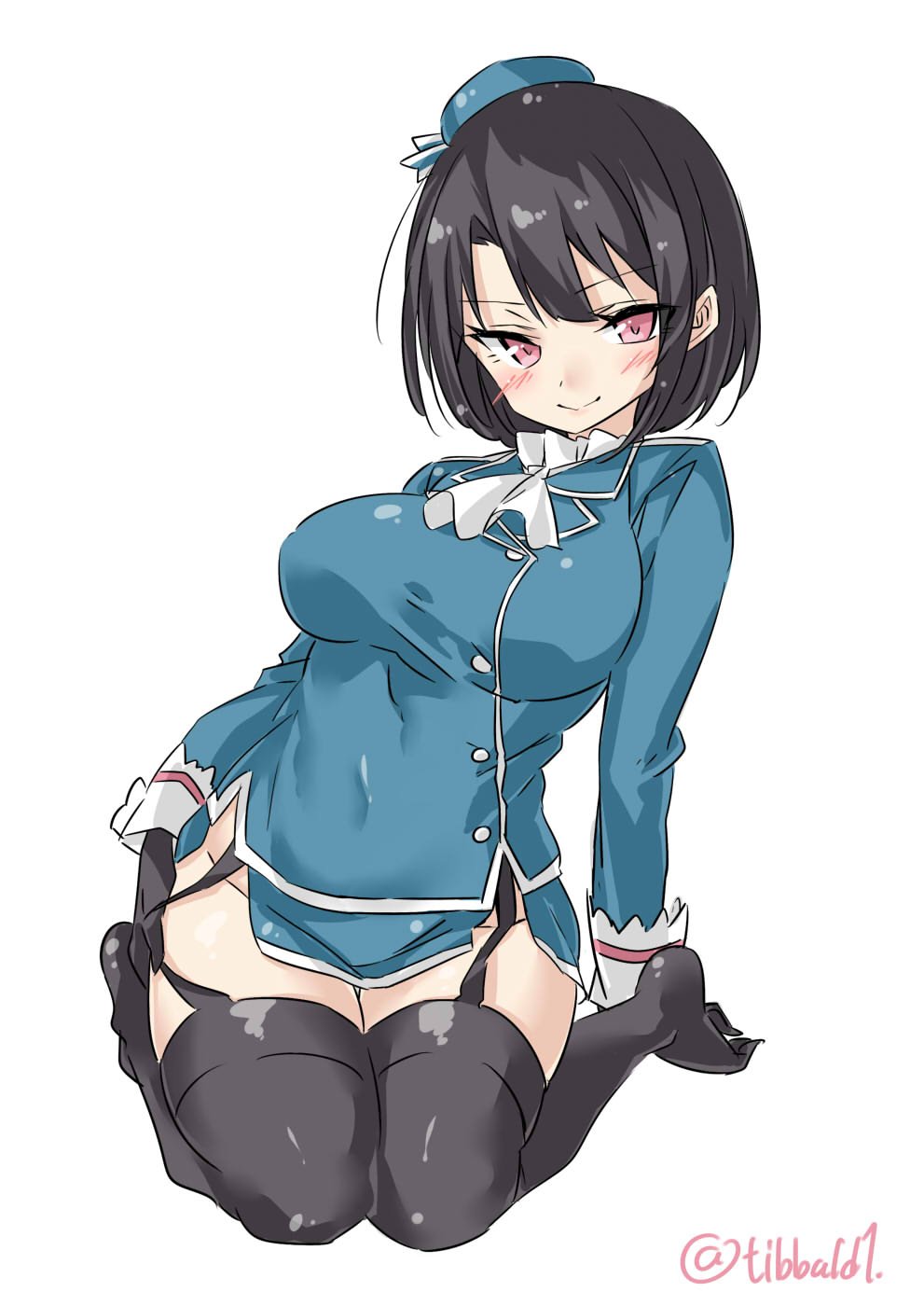 1girl ascot bangs beret black_gloves black_hair black_legwear blush breasts buttons closed_mouth covered_navel ebifurya eyebrows eyebrows_visible_through_hair full_body garter_straps gloves groin hands_on_own_thighs hat highres kantai_collection large_breasts long_sleeves looking_at_viewer microskirt no_panties no_shoes pink_eyes seiza short_hair simple_background sitting skirt smile solo takao_(kantai_collection) thigh-highs thigh_gap twitter_username uniform white_background