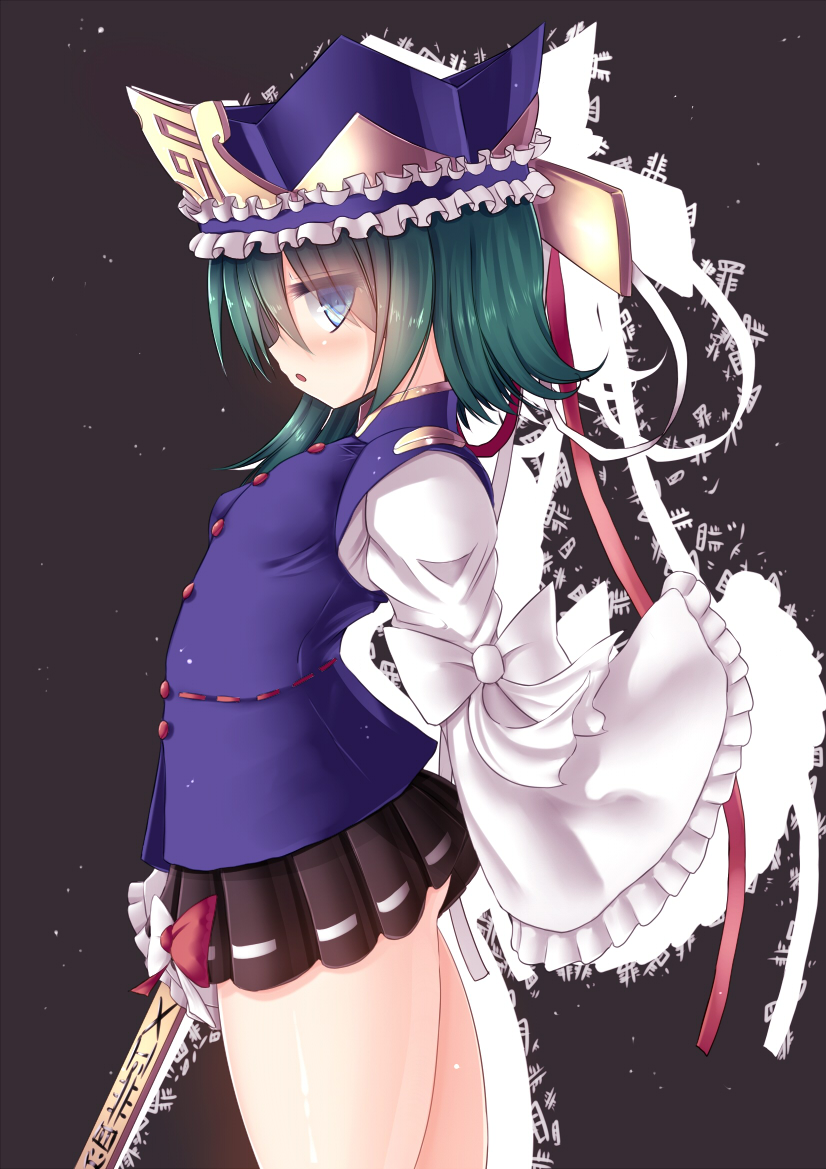 1girl ass blue_eyes breasts from_side green_hair hat long_sleeves microskirt moura_(kenyuugetu) open_mouth rod_of_remorse shiki_eiki skirt small_breasts solo touhou wide_sleeves