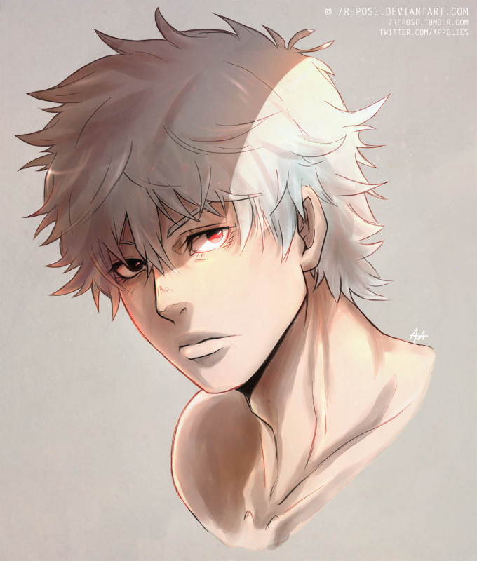 1boy 7repose collarbone face gintama male_focus neck profile red_eyes sakata_gintoki shade signature solo watermark web_address white_hair