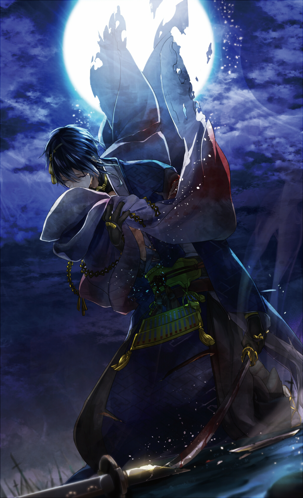 1boy black_gloves blood bloody_clothes bloody_weapon blue_hair broken broken_weapon chains closed_eyes clouds cloudy_sky covered_mouth full_moon gloves hakama highres holding holding_clothes holding_sword holding_weapon japanese_clothes kneeling long_sleeves mikazuki_munechika moon night night_sky outdoors sayagata scratches sky solo suz sword torn_clothes touken_ranbu weapon wide_sleeves
