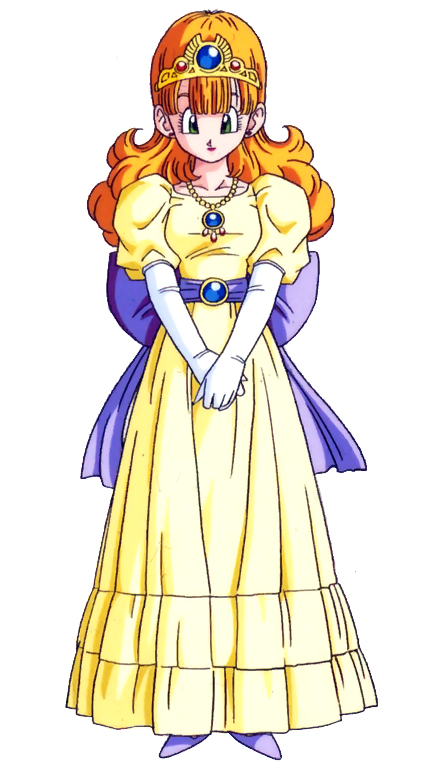1girl dragon_quest dress elbow_gloves female full_body gloves green_eyes hands_together jewelry long_hair looking_at_viewer orange_hair pendant princess_laura puffy_sleeves simple_background solo tiara toriyama_akira v-arms white_background white_gloves