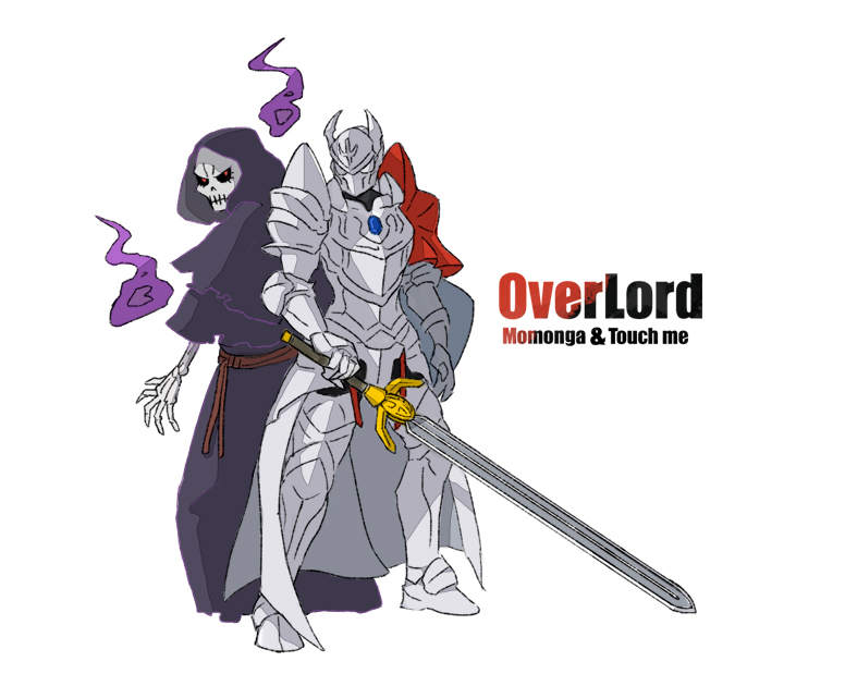 2boys ainz_ooal_gown armor artist_request back-to-back cape english gauntlets greaves helmet hood multiple_boys overlord_(maruyama) red_eyes shield shoulder_armor simple_background skeleton sword touch_me undead weapon