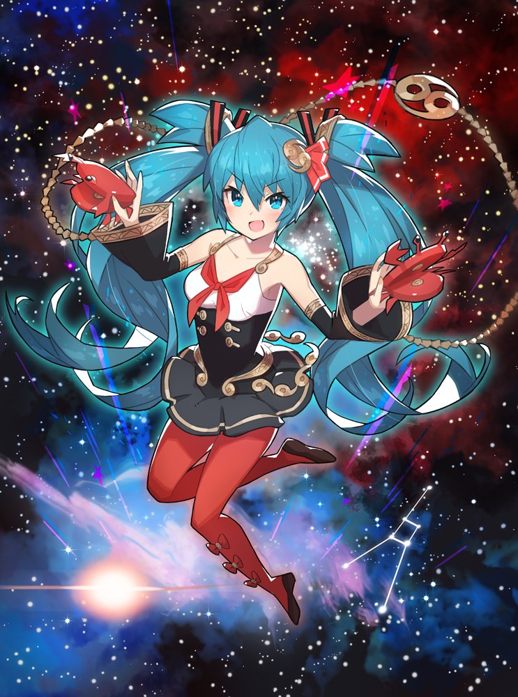 1girl aqua_eyes aqua_hair cancer commentary_request detached_sleeves full_body hair_between_eyes hatsune_miku long_hair looking_at_viewer necktie open_mouth saitou_naoki solo thigh-highs twintails very_long_hair vocaloid zodiac
