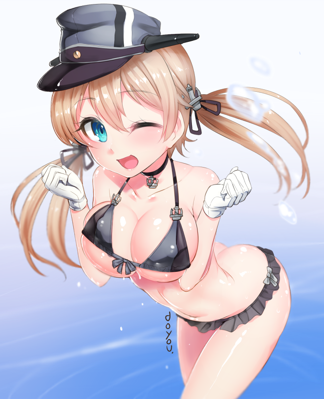 1girl anchor_hair_ornament ass bikini black_bikini blonde_hair blue_eyes blush breasts butt_crack choker cleavage collarbone doyouwantto erect_nipples frilled_bikini frills gloves hair_between_eyes hair_ornament hat kantai_collection large_breasts leaning_forward long_hair looking_at_viewer microskirt one_eye_closed open_mouth peaked_cap prinz_eugen_(kantai_collection) skirt smile solo swimsuit twintails white_gloves