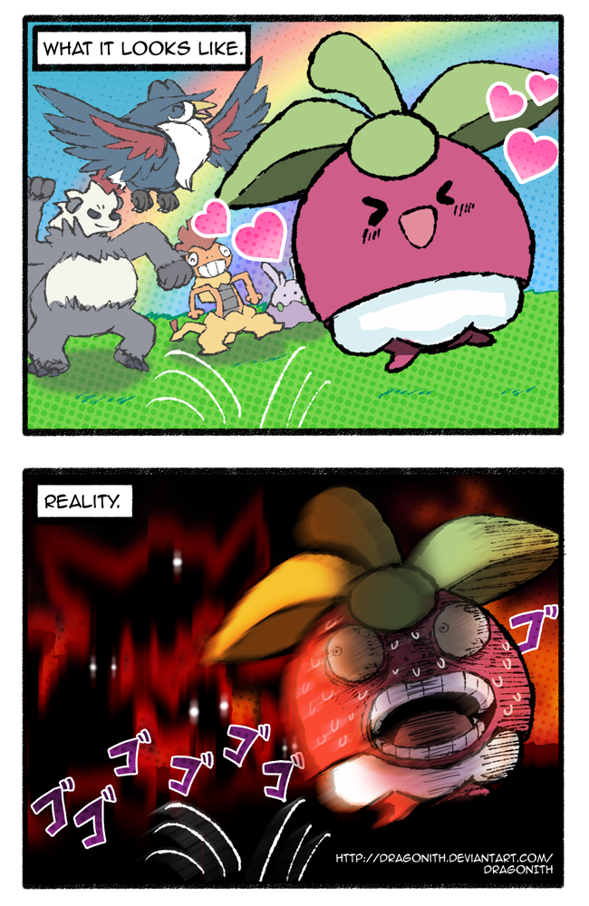 &gt;_&lt; 10s 2koma :d artist_name blush bounsweet closed_eyes comic fire goomy halftone honchkrow looking_back no_humans open_mouth pangoro pokemon pokemon_(creature) pokemon_(game) pokemon_sm rainbow scared scrafty smile sweat xd