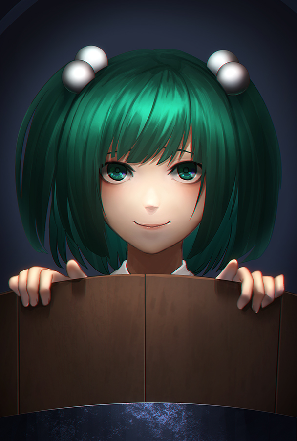 1girl blue_background bucket green_eyes green_hair hair_bobbles hair_ornament in_bucket in_container kisume looking_at_viewer minami_koyogi shiny shiny_hair short_hair smile solo touhou