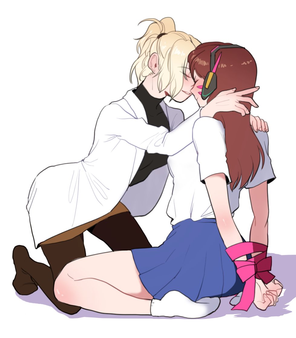 2girls age_difference arms_behind_back black_sweater blonde_hair blush bondage breasts brown_legwear brown_skirt closed_eyes d.va_(overwatch) face_painting facial_mark full_body giji-p hair_ornament hair_tie hands_on_another's_shoulders headphones kneeling labcoat long_sleeves mercy_(overwatch) miniskirt multiple_girls open_mouth overwatch pantyhose pencil_skirt pink_ribbon pleated_skirt ponytail restrained ribbed_sweater ribbon school_uniform shirt short_sleeves simple_background skirt socks sweater whisker_markings white_background white_legwear white_shirt wrist_ribbon yuri