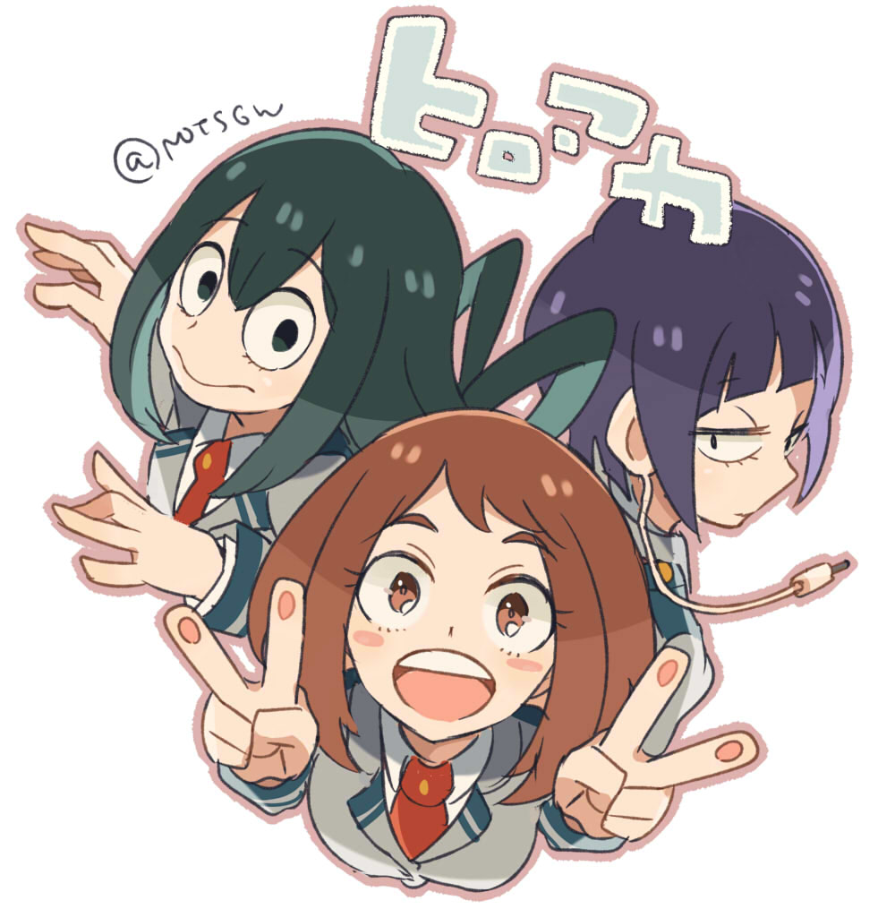 3girls :&gt; asui_tsuyu bangs black_hair blunt_bangs blush_stickers boku_no_hero_academia brown_eyes brown_hair double_v earlobes eyelashes from_above green_hair jirou_kyouka jitome mikanmochi multiple_girls outline school_uniform twitter_username uraraka_ochako v