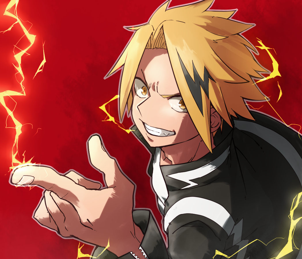 blonde_hair boku_no_hero_academia dutch_angle electricity fang gradient gradient_background grin index_finger_raised jacket kaminari_denki komiya_harumoto looking_at_viewer male_focus multicolored_hair open_clothes open_jacket red_background smile streaked_hair yellow_eyes zipper