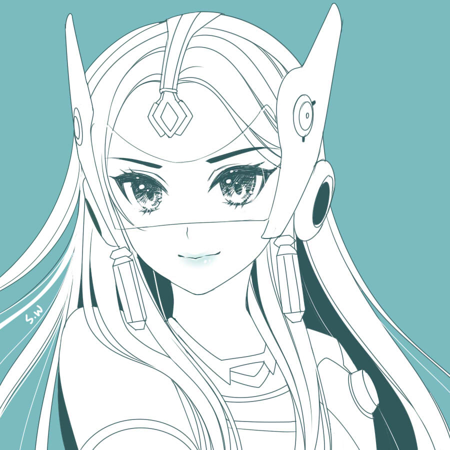 1girl artist_name atobesakunolove closed_mouth earrings eyelashes forehead_jewel green_background green_lips headgear jewelry limited_palette lips long_hair looking_at_viewer monochrome overwatch simple_background solo spot_color symmetra_(overwatch) upper_body visor