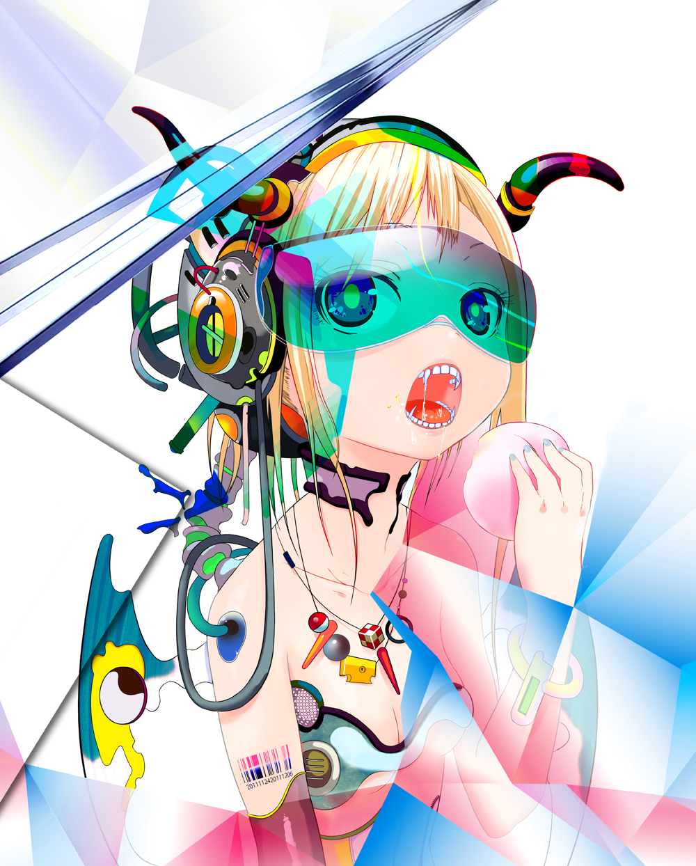 1girl barcode blonde_hair breasts child cleavage copyright_request fangs glasses headgear looking_at_viewer peach reflection small_breasts surreal what