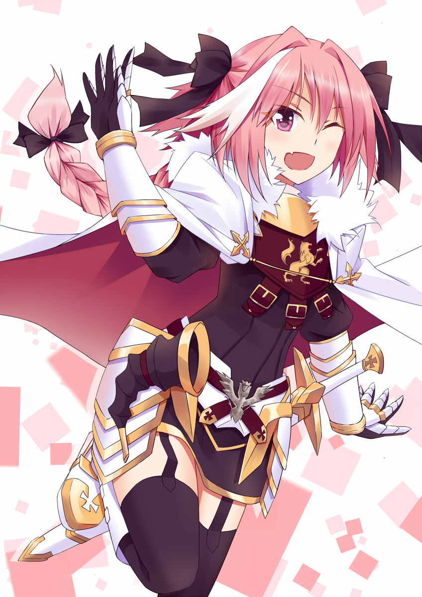 1boy black_legwear braid cape fang fate/apocrypha fate_(series) garter_straps hair_ribbon highres lingsexuanlv long_hair looking_at_viewer one_eye_closed open_mouth pink_hair ribbon rider_of_black single_braid smile solo thigh-highs trap violet_eyes