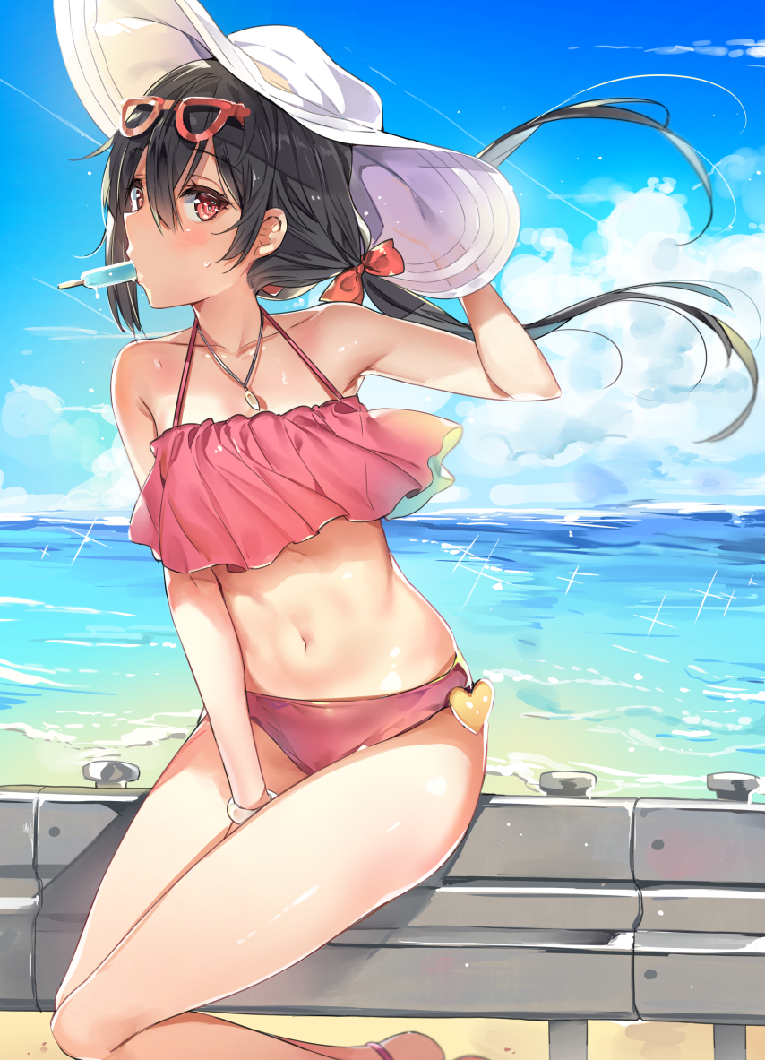 1girl adjusting_clothes adjusting_hat beach bikini black_hair blush bow bracelet collarbone cozyquilt food_in_mouth glasses_on_head hair_bow hat jewelry looking_at_viewer love_live! love_live!_school_idol_project navel necklace pink_bikini popsicle red_bow red_eyes sitting_on_railing solo swimsuit twintails white_hat yazawa_nico yuran_(cozyquilt)