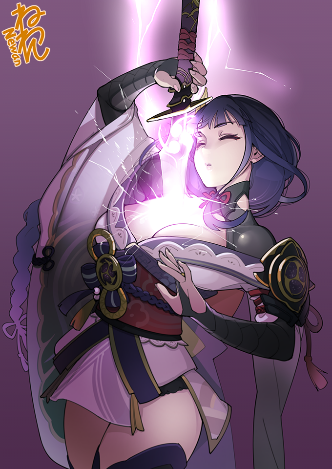 1girl armor bangs closed_mouth commentary_request genshin_impact holding holding_sword holding_weapon japanese_clothes kimono long_hair mole mole_under_eye neone pauldrons purple_hair purple_lips raiden_shogun sash shoulder_armor shrug_(clothing) solo sword thigh-highs weapon