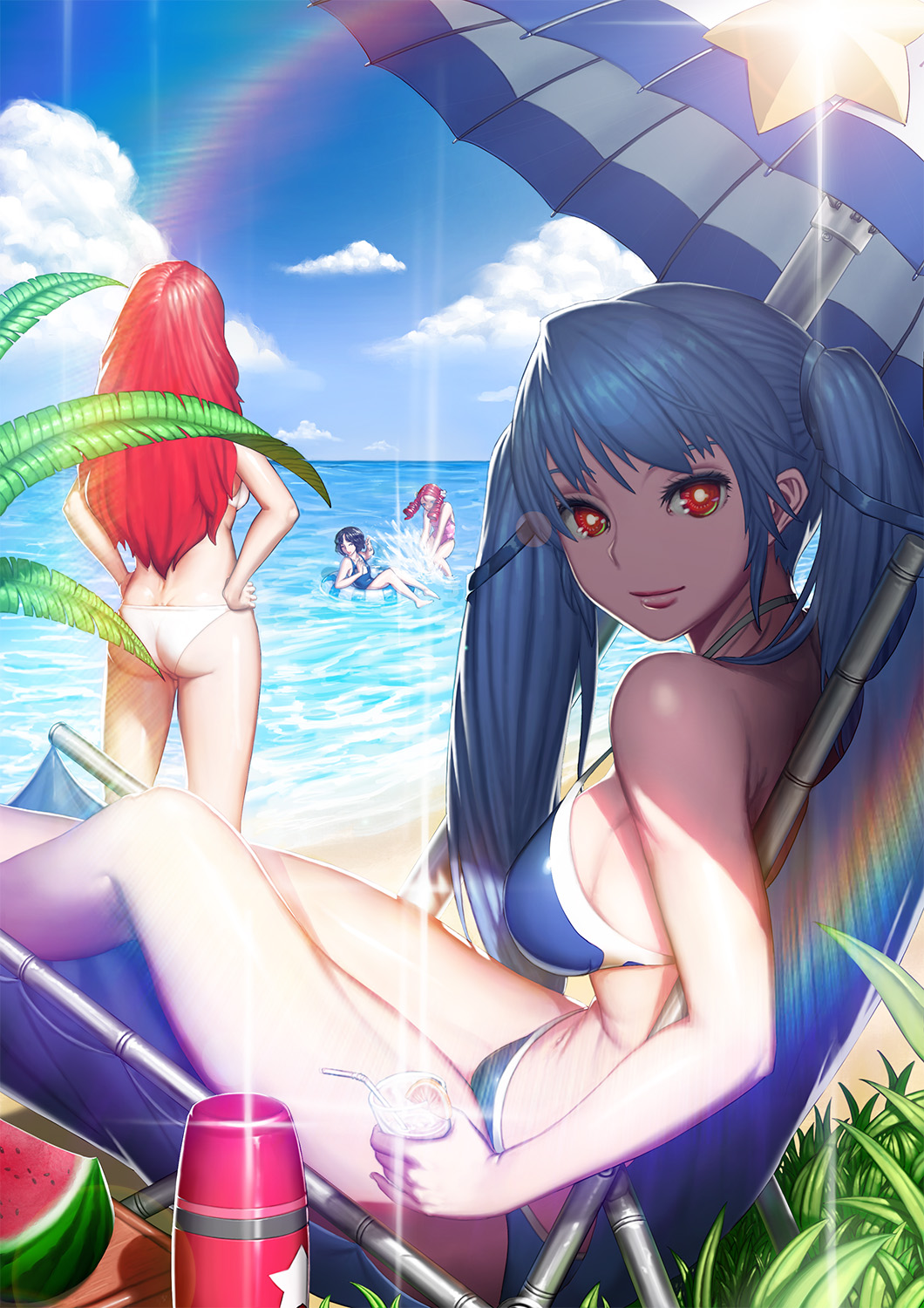 4girls ass banajune bangs bare_arms beach beach_umbrella bendy_straw bikini blue_bikini blue_hair blue_ribbon blue_sky blue_swimsuit breasts chair character_request closed_mouth clouds cup drill_hair drinking_glass drinking_straw eyelashes folding_chair food fruit grass hair_ribbon hands_on_hips highres holding holding_drinking_glass innertube large_breasts leaf lens_flare long_hair looking_at_viewer luthica_preventer multiple_girls ocean orange orange_slice outdoors pink_swimsuit rainbow red_eyes ribbon sand shade sitting sky smile splashing standing stomach strap_gap swimsuit sword_girls twin_drills twintails umbrella wading watermelon white_bikini