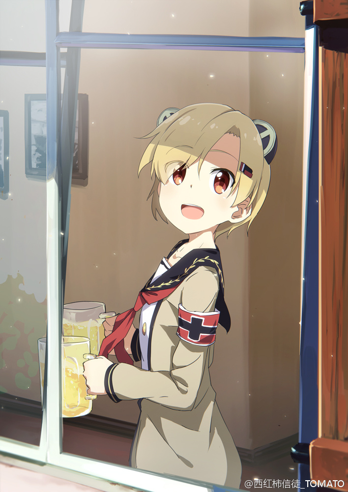 1girl :d alcohol animal_ears armband artist_name bangs beer beer_mug blonde_hair buttons collarbone eyebrows eyebrows_visible_through_hair eyes_visible_through_hair fake_animal_ears graf_spee_(zhan_jian_shao_nyu) hair_ornament hair_over_one_eye hairclip headgear holding long_sleeves looking_at_viewer looking_out_window neckerchief open_mouth picture_(object) sailor_collar shade short_hair smile solo swept_bangs teeth text tomato_(lsj44867) tongue upper_body watermark weibo_username window zhan_jian_shao_nyu