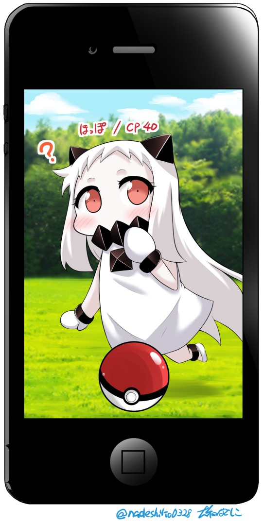 1girl ? ahoge apple_inc. blue_sky blurry blush cellphone clouds cloudy_sky commentary_request crossover depth_of_field dress gameplay_mechanics horns iphone kantai_collection long_hair looking_at_viewer mittens northern_ocean_hime parody phone photo_background poke_ball pokemon pokemon_go red_eyes shinkaisei-kan sky smartphone solo translated twitter_username very_long_hair walking white_dress white_hair white_skin yamato_nadeshiko