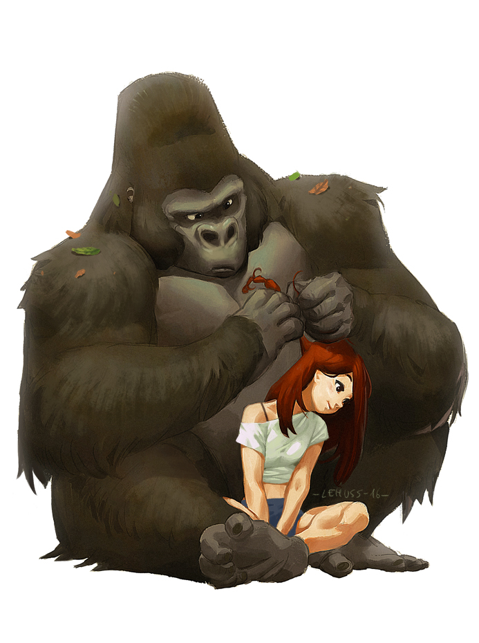 1girl animal artist_name braiding_hair gorilla hairdressing head_tilt leaf lehuss long_hair original redhead sitting