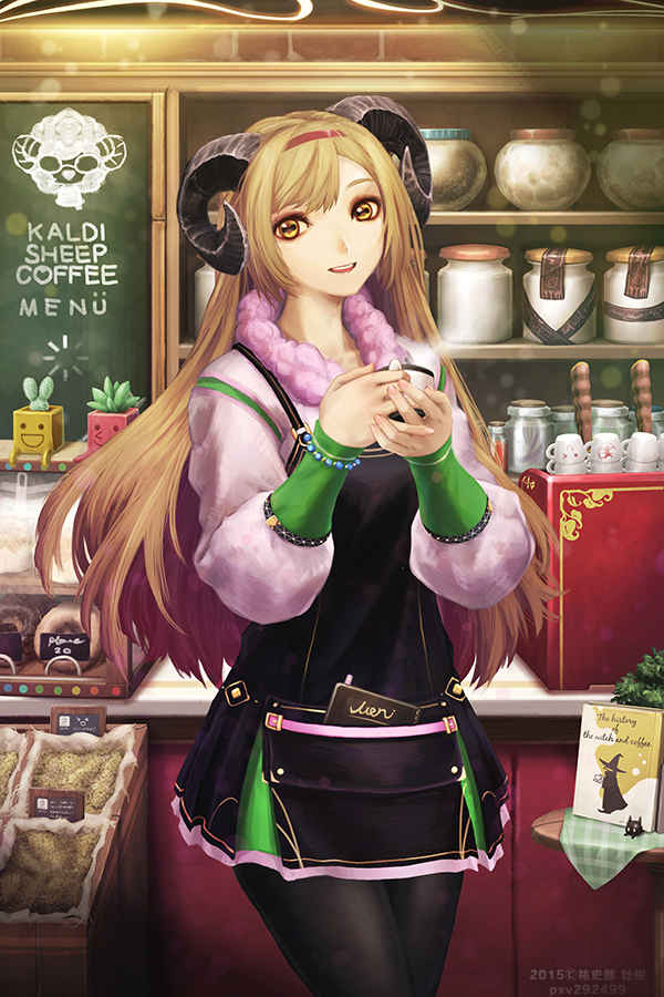 1girl 2015 apron artist_name bangs bead_bracelet black_legwear blonde_hair book bracelet cactus cafe chalkboard coffee_cup counter cowboy_shot cup display doughnut food fur_trim hairband hands_together head_tilt holding holding_cup horns ichiban_renga indoors jar jewelry long_hair long_sleeves looking_at_viewer original own_hands_together pantyhose parted_lips plant potted_plant restaurant sheep_horns shelf smile solo steam tea yellow_eyes
