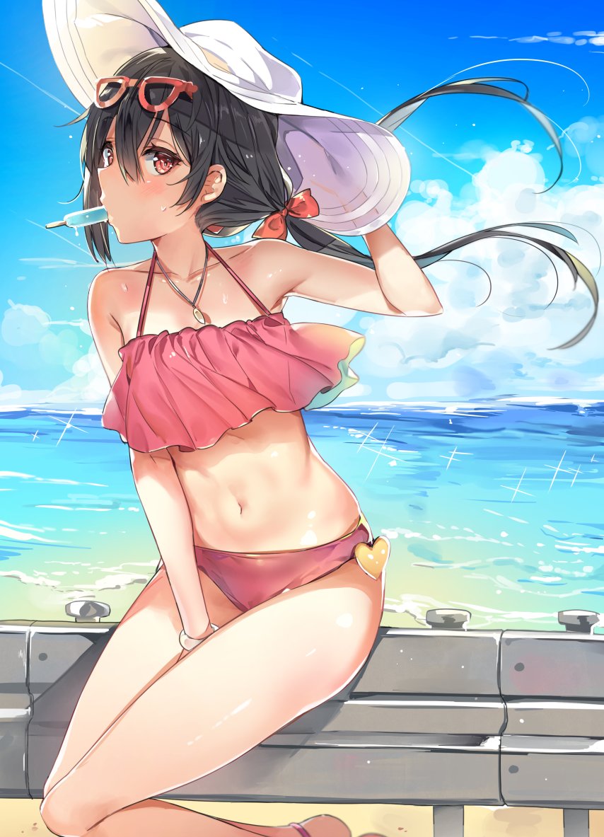 1girl adjusting_clothes adjusting_hat beach bikini black_hair blush bow bracelet collarbone cozyquilt food_in_mouth glasses_on_head hair_bow hat jewelry looking_at_viewer love_live! love_live!_school_idol_project navel necklace pink_bikini popsicle red_bow red_eyes sitting_on_railing solo sun_hat swimsuit twintails white_hat yazawa_nico yuran_(cozyquilt)