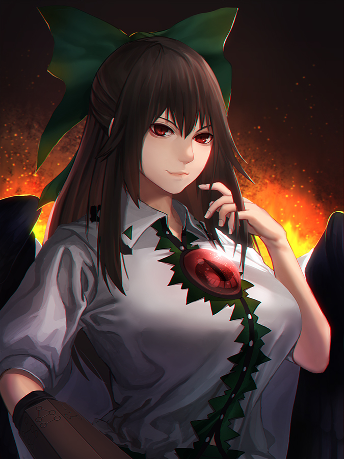 1girl arm_cannon black_wings bow breasts brown_hair cape embers fingernails fire green_skirt hair_bow hand_in_hair hand_up jpeg_artifacts large_breasts lips long_hair looking_at_viewer midriff minami_koyogi nose red_eyes reflection reiuji_utsuho shirt short_sleeves skirt smile solo third_eye touhou upper_body very_long_hair weapon white_shirt wings