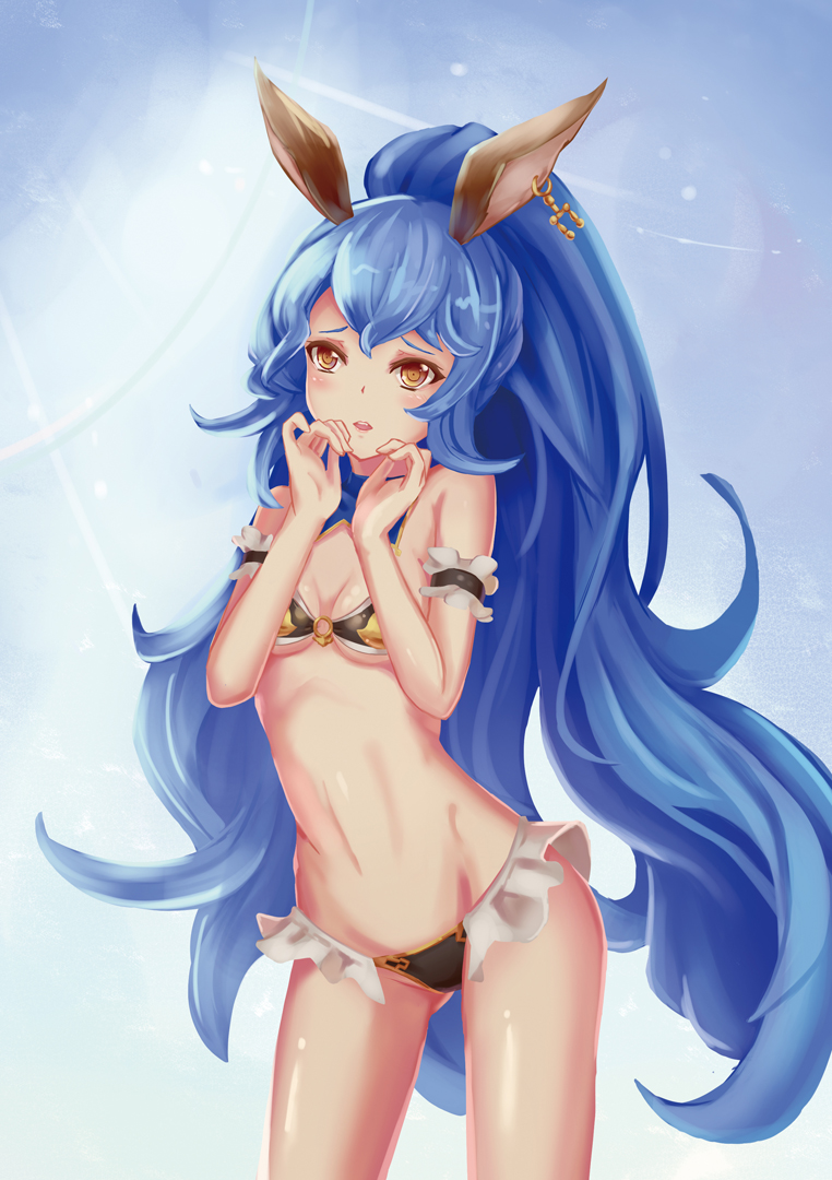 1girl animal_ears arm_strap bell_(angelicalary) bikini blue_bikini blue_hair breasts cleavage detached_collar earrings erun_(granblue_fantasy) ferry_(granblue_fantasy) frilled_bikini frills gluteal_fold granblue_fantasy hands_on_own_face hoop_earrings jewelry lips long_hair looking_at_viewer midriff navel open_mouth ponytail rabbit_ears shiny shiny_skin simple_background single_earring small_breasts solo swimsuit thighs very_long_hair wavy_hair yellow_eyes