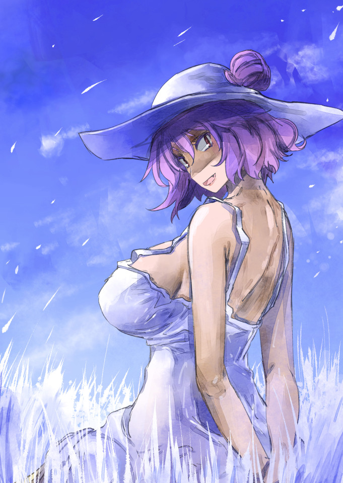 1girl arms_behind_back bare_shoulders breasts dress fang hair_bun hat huge_breasts impossible_clothes impossible_dress large_breasts looking_at_viewer open_mouth purple_hair red_eyes short_hair sideboob smile solo touhou white_dress yasaka_kanako yohane